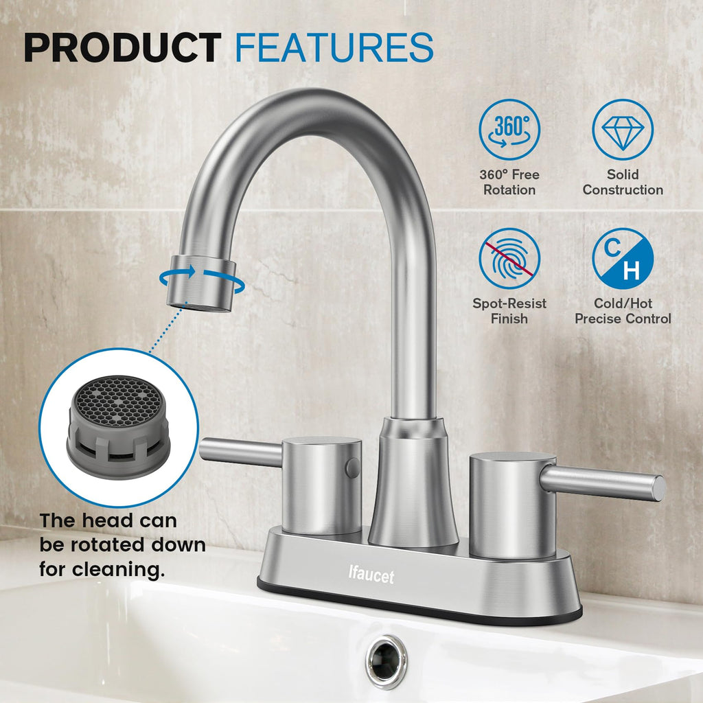 Bathroom Faucets, Bathroom Faucet 3 Hole, Bathroom Sink Faucet, Faucet for Sink 4 Inch 2 Handle Centerset, Lead-Free, with Copper Pop Up Drain (Brushed Nickel)
