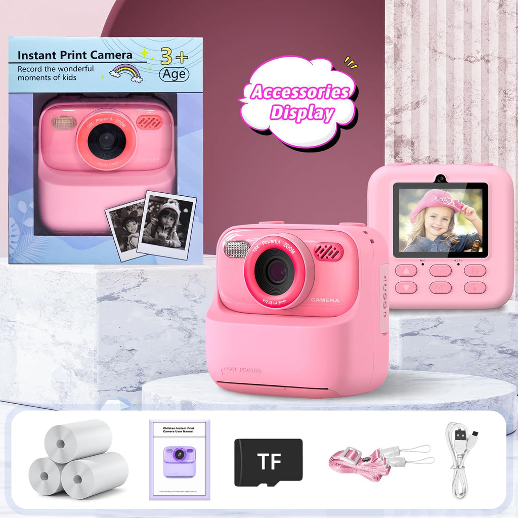 Kids Instant Digital Cameras for Boys and Girls, 1080P HD Dual-Lens Selfie Digital Camera with Print Paper & TF Card, Christmas Birthday Gifts Toys for Toddler and Teenagers Age 3-16 Years Old