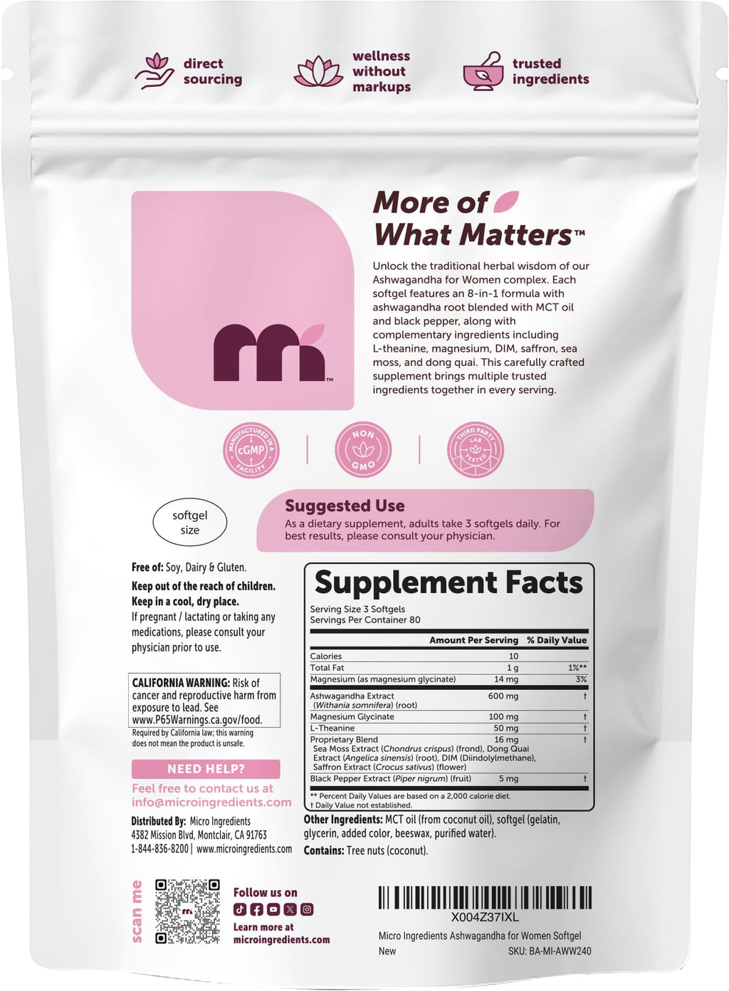 Micro Ingredients Ashwagandha for Women 600 mg Per Serving, 240 Softgels | 8-in-1 Ashwagandha Supplement with Magnesium Glycinate, L-Theanine, Sea Moss | Made with MCT Oil | Non-GMO, Gluten Free