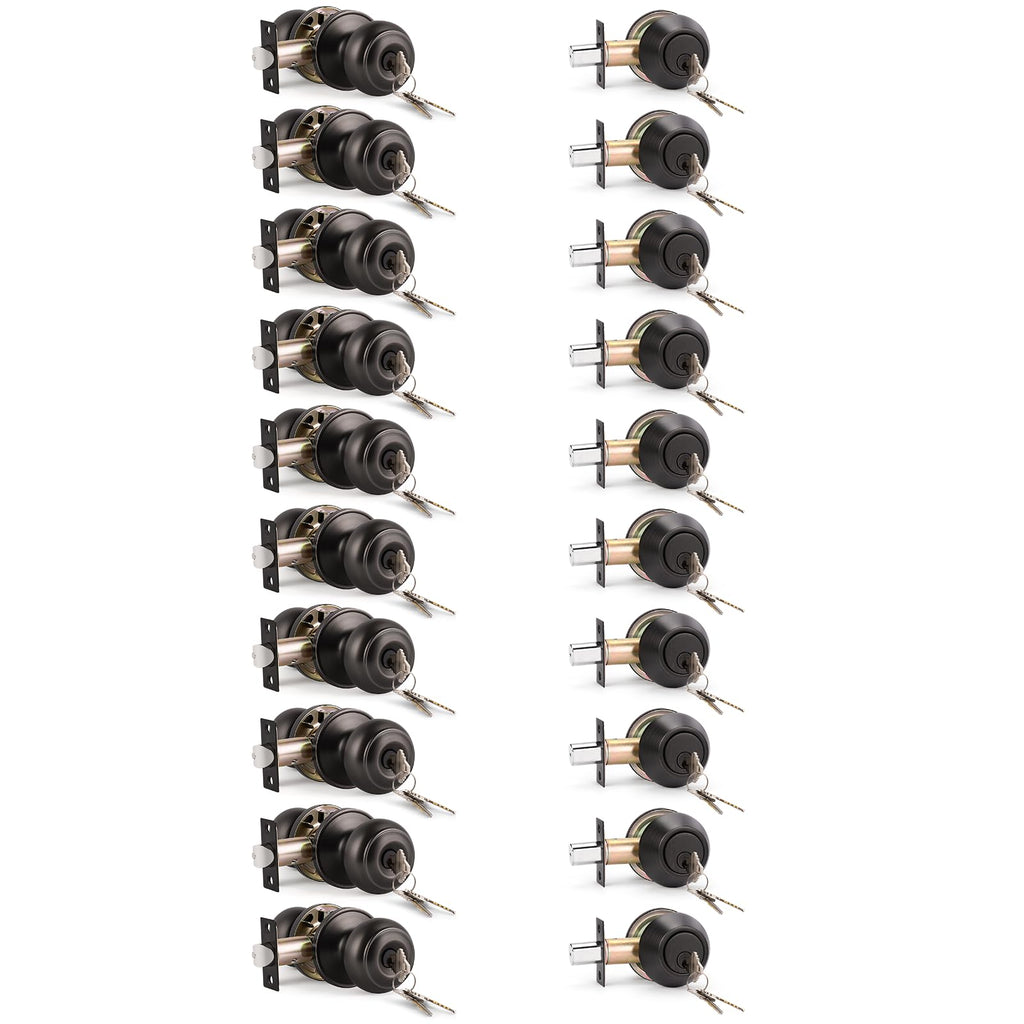 KNOBWELL Keyed Entry Door Knob and Single Cylinder Deadbolt Combo Set, Exterior Door Knobs for Entrance and Front Door, Keyed Alike Knob and Deadbolt, Oil Rubbed Bronze, 10 Pack