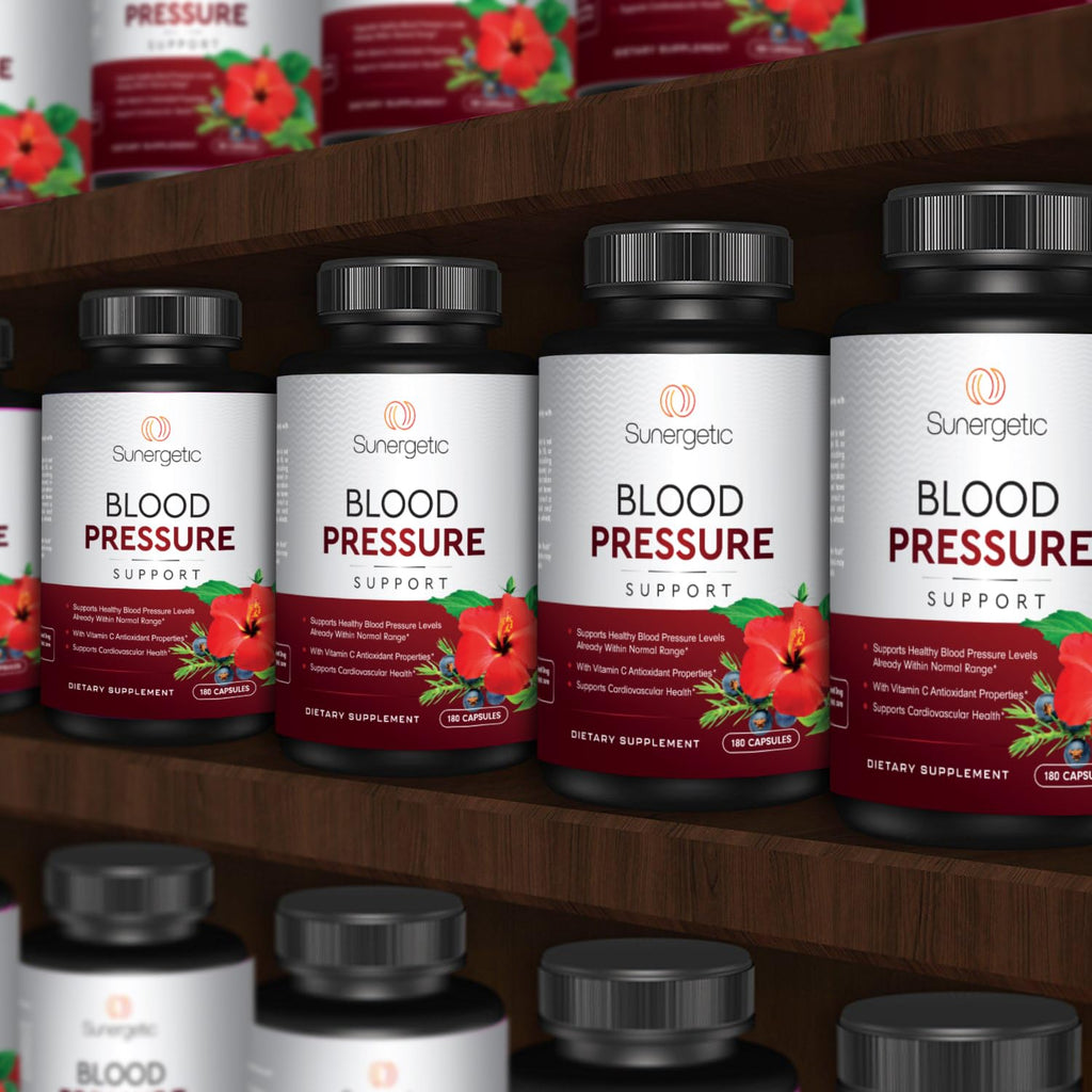 Sunergetic Premium Blood Pressure Support Supplement for Cardiovascular & Heart Health with Garlic, Hawthorn & Hibiscus (180 Capsules)
