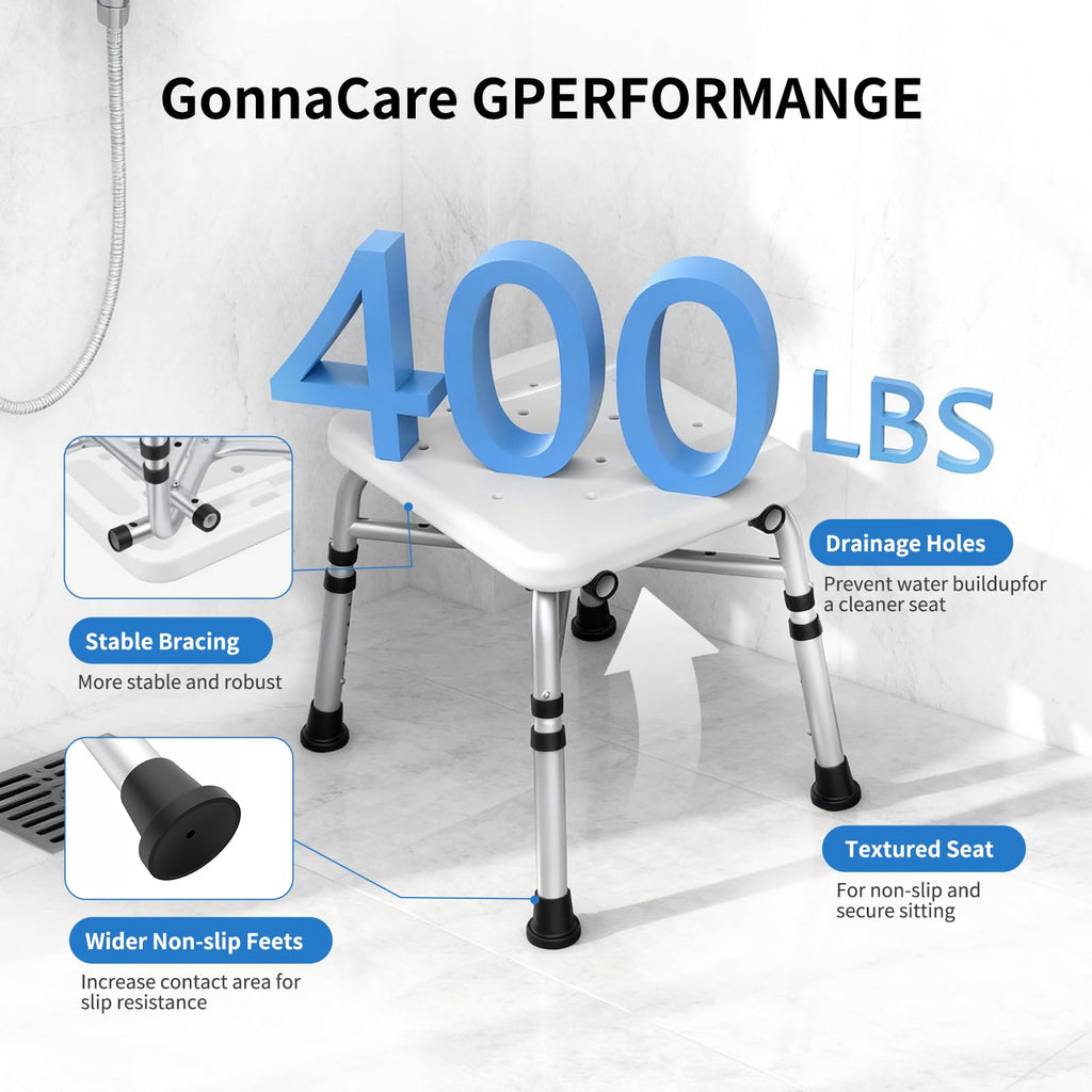 GonnaCare Heavy Duty Shower Chair for Inside Shower and Tub with Reinforced X-Bar, Padded Arms and Backrest, Height Adjustable, Ideal Shower Chair for Elderly and Disabled