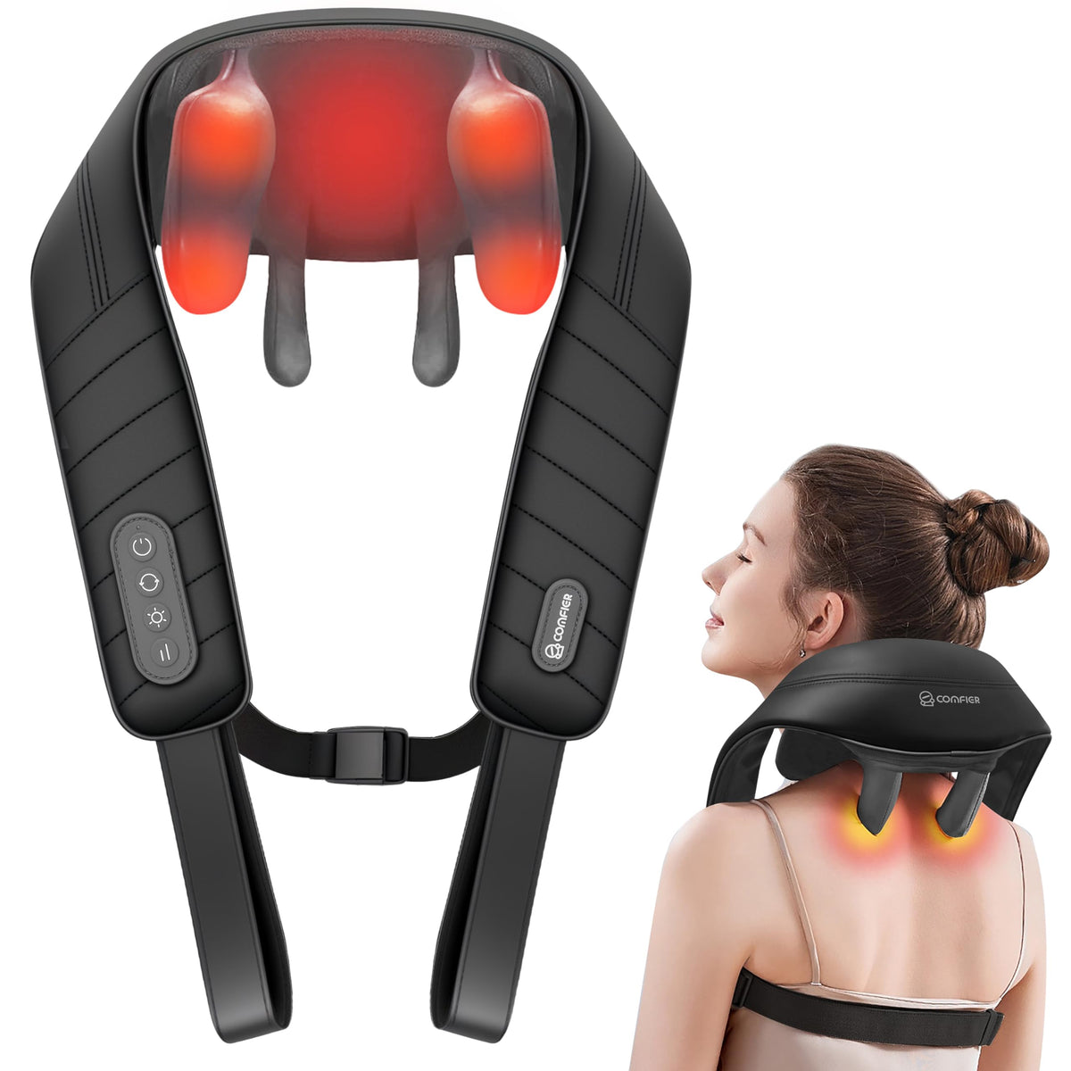 COMFIER Cordless Neck and Shoulder Massager with Heat, Wearable 4D Shiatsu Deep Tissue Kneading for Desk Workers and Drivers, Hands-Free Straps, FSA Eligible HSA Gift,Midnight Black