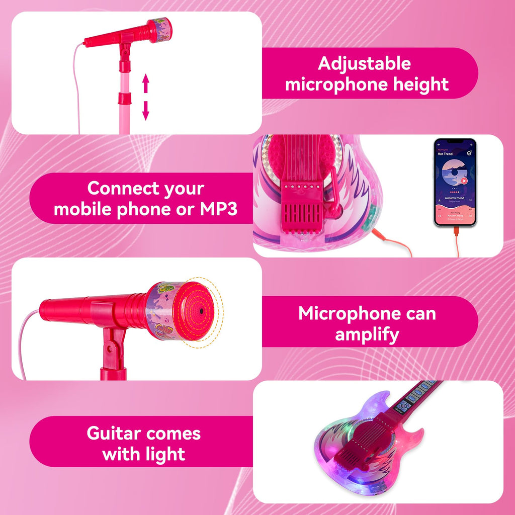 Guitar and Microphone Play Set for Girls,Karaoke Machine with Music&Light,Microphone Toys with Stand,Adjustable Height Guitar Toys for Kids,Toddlers,Child(Red)