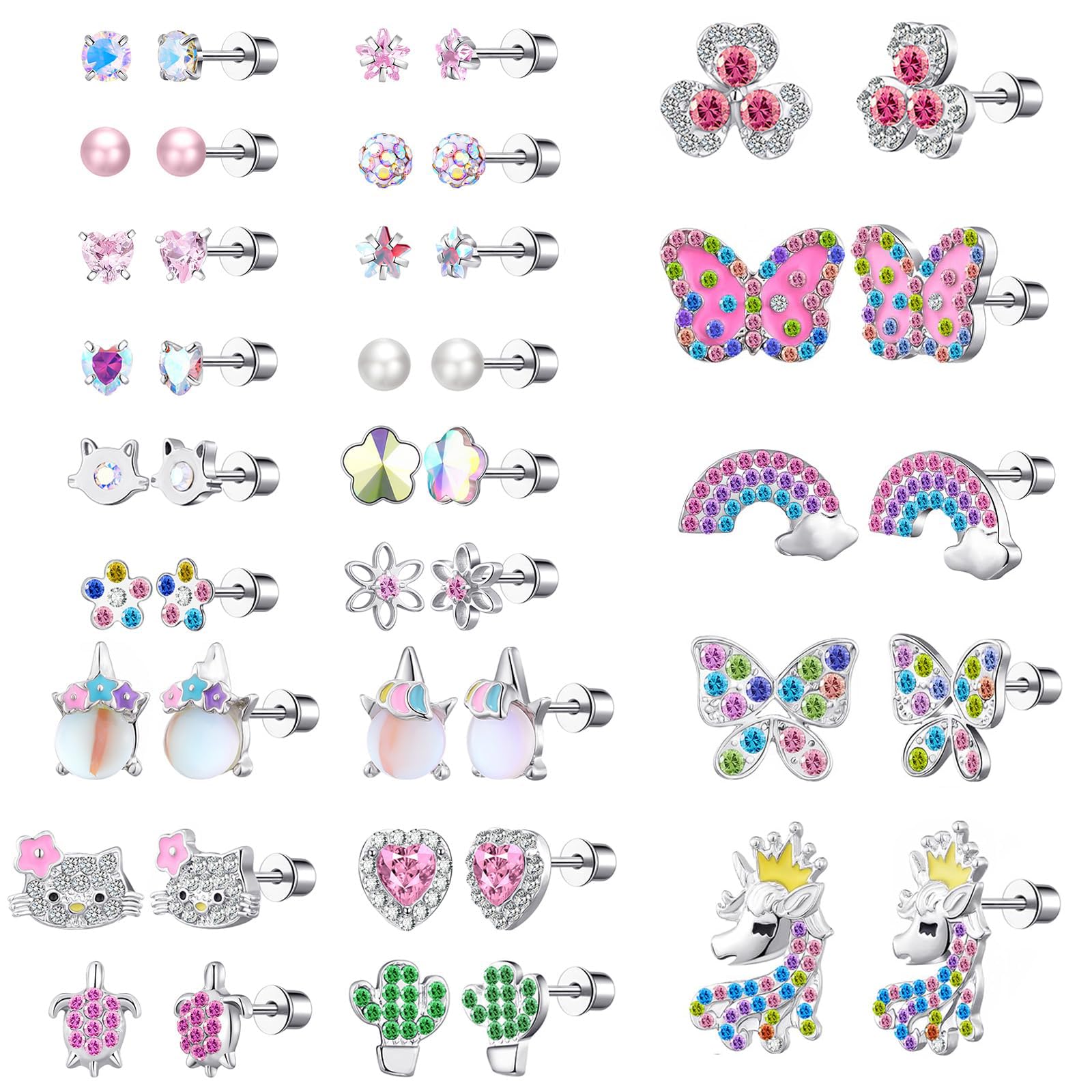 24 Pairs Stainless Steel Flat Back Earrings for Girls Women-Secure and Comfortable Screwback Earrings with Diverse Designs, Perfect for Multiple Piercings and Everyday Wear
