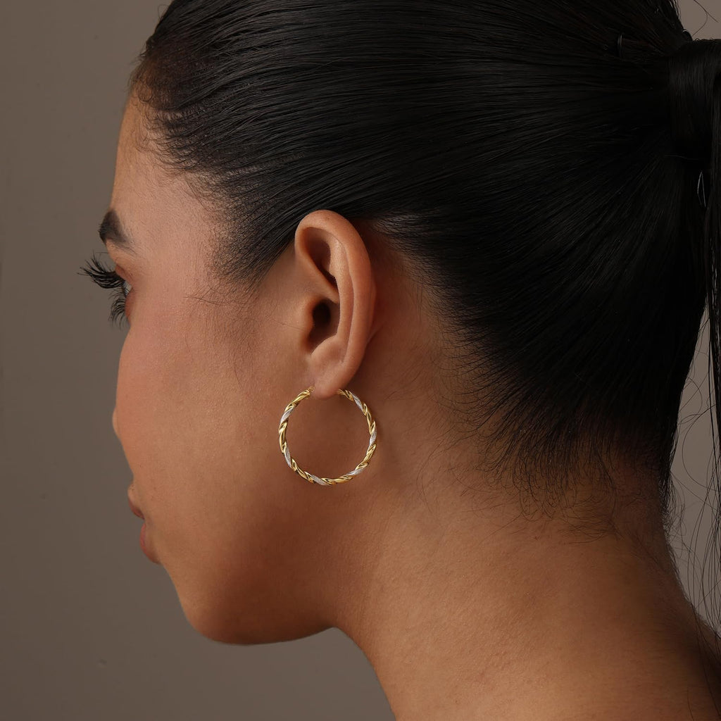 LeCalla 925 Sterling Silver Hoop Earrings 14K Two-Tone Lightweight Italian Design Medium Earrings for Women - 30MM