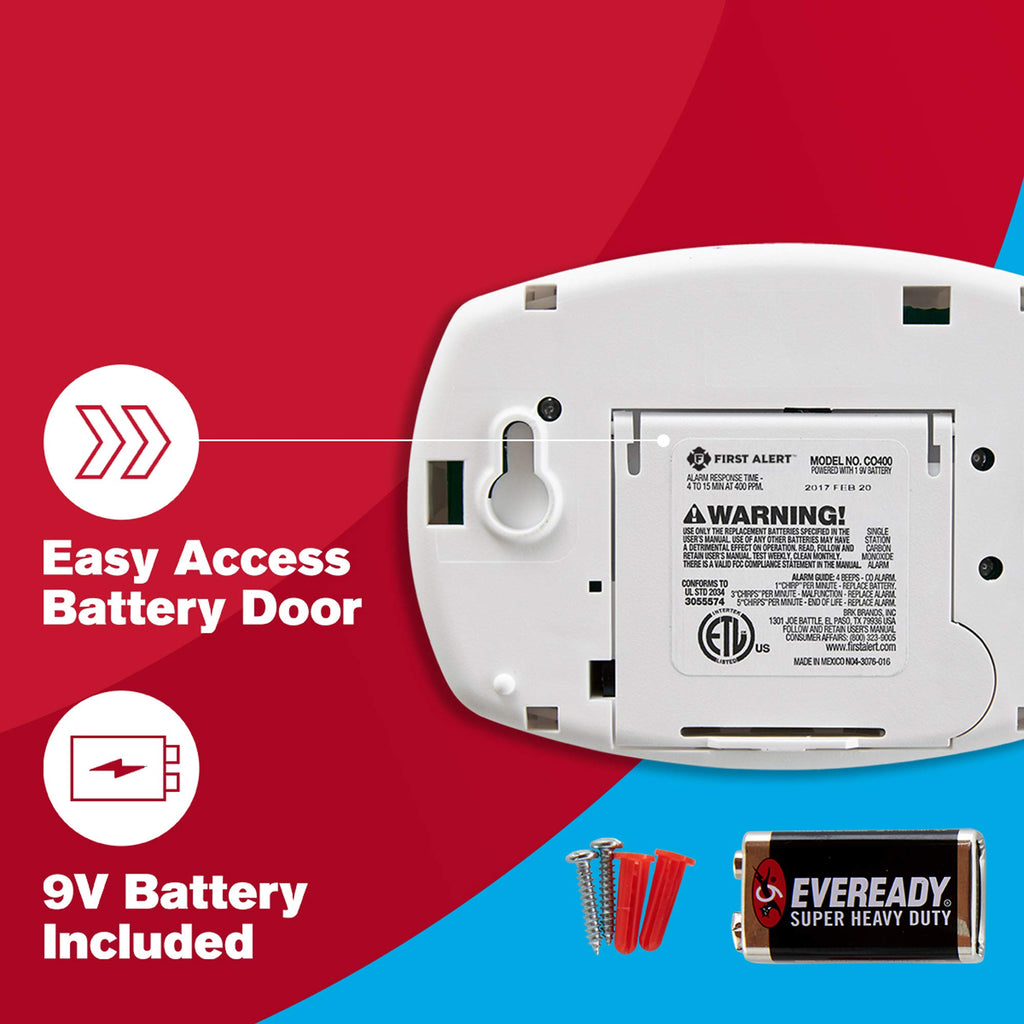 FIRST ALERT Carbon Monoxide Detector, No Outlet Required, Battery Operated, CO400, White, 2 Count (Pack of 1)