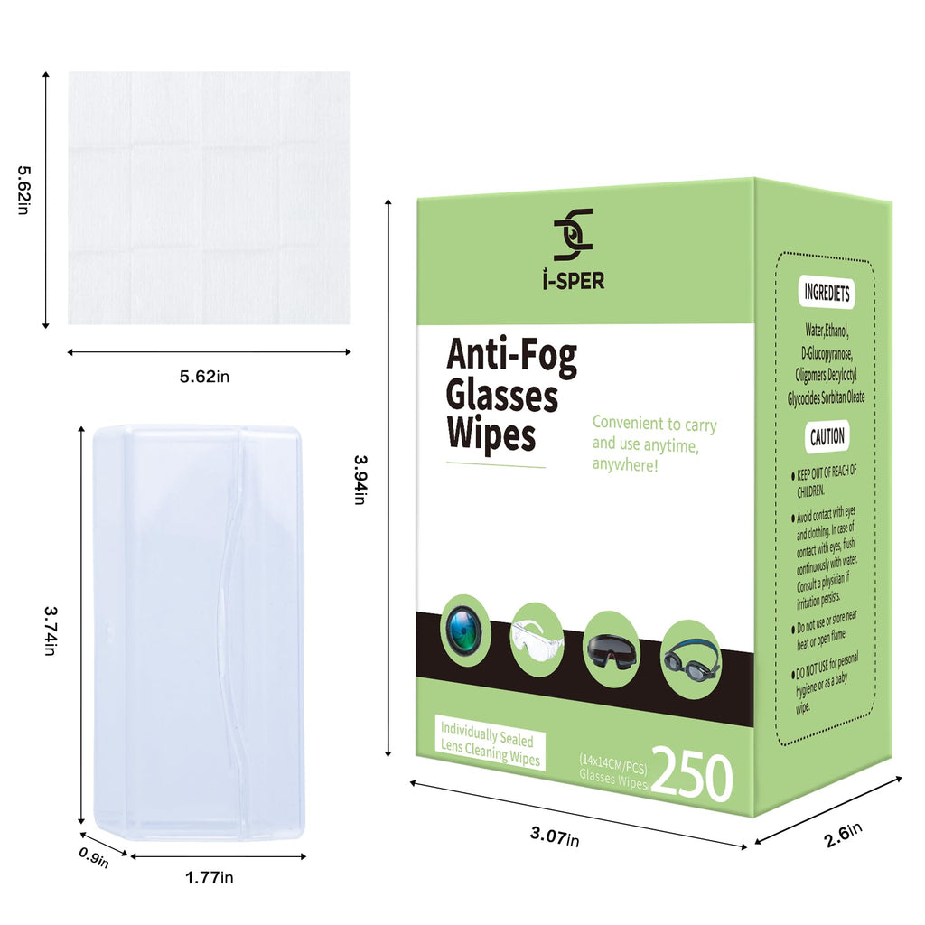 250 Count Anti Fog Lens Wipes for Eyeglasses, Pre-Moistened Individual Wrapped Glasses Wipe Lens Cleaner, with a Carrying Box, Defogging Screen Wipes for Eyeglasses, Sunglass, Goggles, Camera Lens