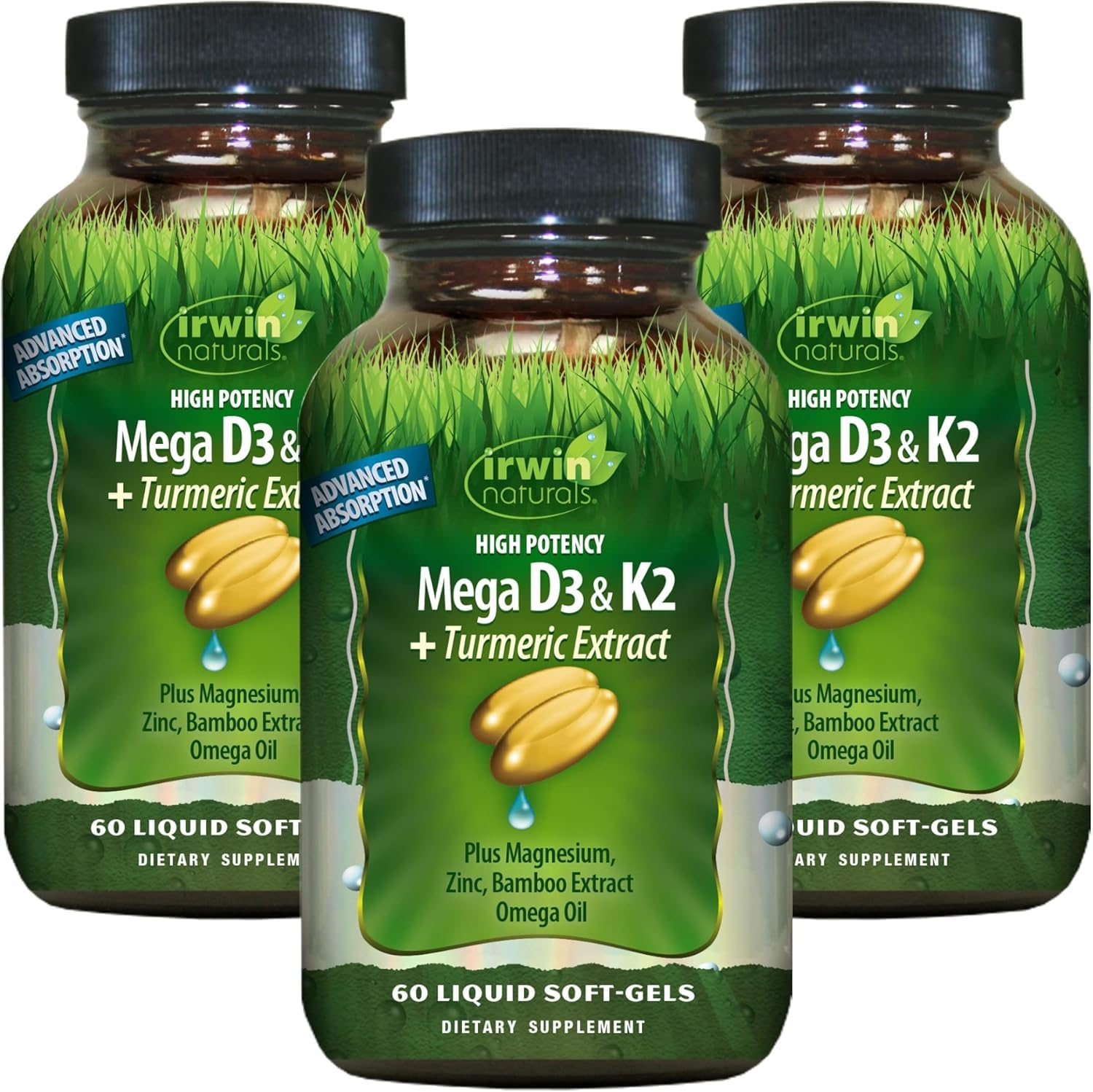 Irwin Naturals High Potency Mega D3 & K2 + Turmeric Extract — 60 Liquid Soft-Gels - 3 Pack