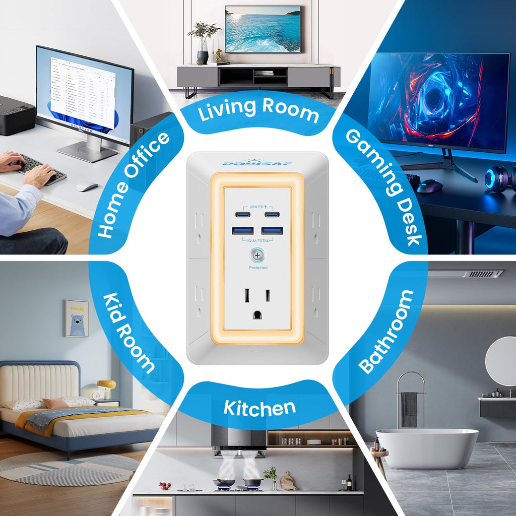 Multi Plug Outlet Surge Protector - POWSAF 5 Outlet Extender with 4 USB Ports(2 USB-C Fast Ports) and Night Light, 3-Sided Power Strip with Adapter Spaced Outlets - ETL, White