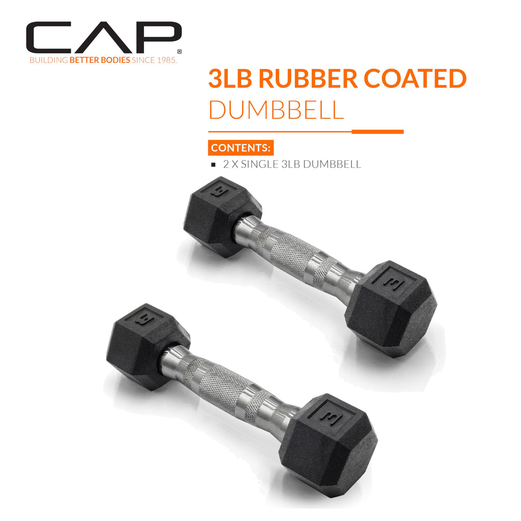 CAP Barbell 3 LB Rubber Coated Hex Dumbbell Hand Weight - Pair | Chrome Handle