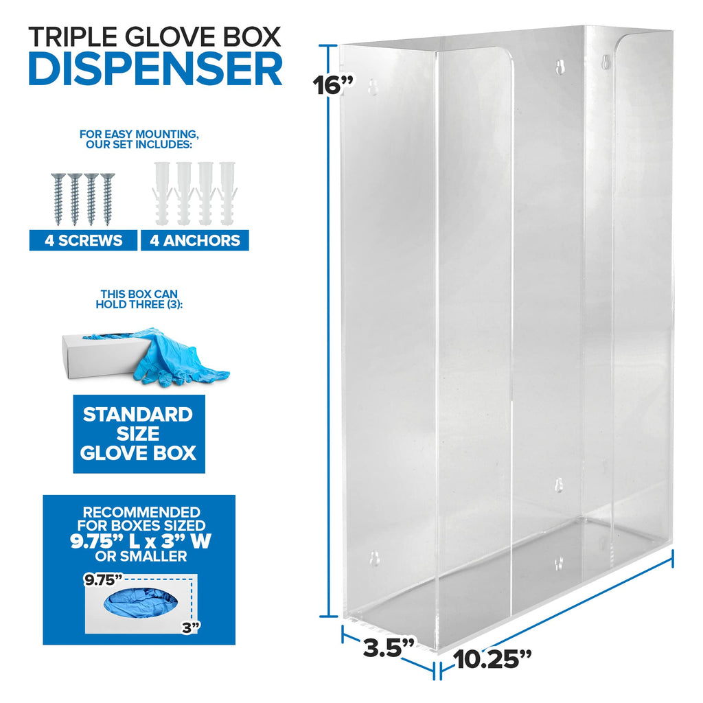Stock Your Home Triple Acrylic Gloves Dispenser, Tissue Box Shelf, Glove Holder Wall Mount, for Kitchen, Cleaning Closet, Lab, Exam, Office