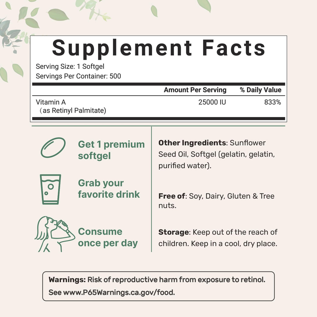 Maximum Strength Vitamin A 25000 IU | 500 Softgels with Coconut Oil for Better Absorption | Essential Vitamins | Non-GMO, Easy to Swallow