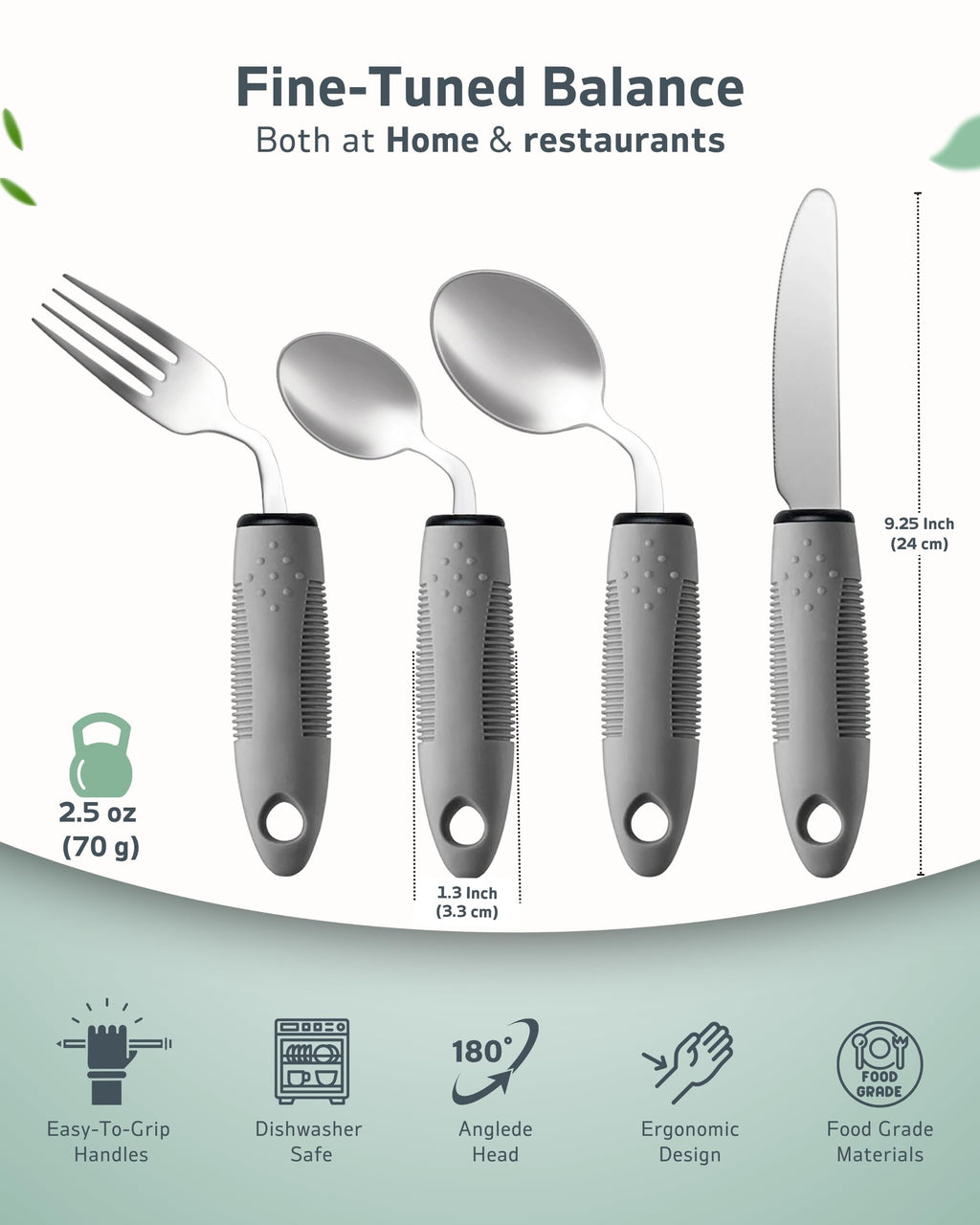 BaseSmall 4-Piece Adaptive Utensils Set - 42° Angled Parkinsons Utensils, 2.5 oz Weighted Utensils for Hand Tremors and Parkinsons Patients, Weighted Silverware for Hand Tremors (Grey: Right-Handed)