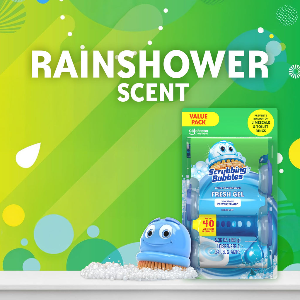 Scrubbing Bubbles Fresh Gel Toilet Bowl Cleaning Stamps, Helps Keep Toilet Clean and Helps Prevent Limescale & Rings, Rainshower Scent, 1 Dispenser with 24 Fresh Gel Stamps