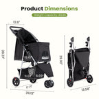 KMFurnila 3 Wheel Pet Stroller for Dogs, Cats Stroller with Storage Basket and Cup Holders, Foldable, Lightweight and Durable, Ideal for Small to Medium Pets, Home Cleaning, Black