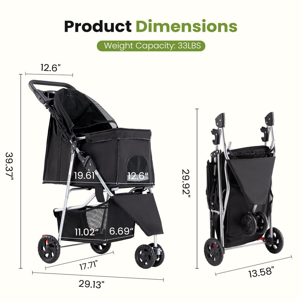 DUMOS 3 Wheels Pet Stroller for Dogs and Cats, Foldable Dog Stroller with Mesh Windows, Storage Basket & Cup Holder, Lightweight & Durable Pet Carrier for Travel, Outdoor Use – Black
