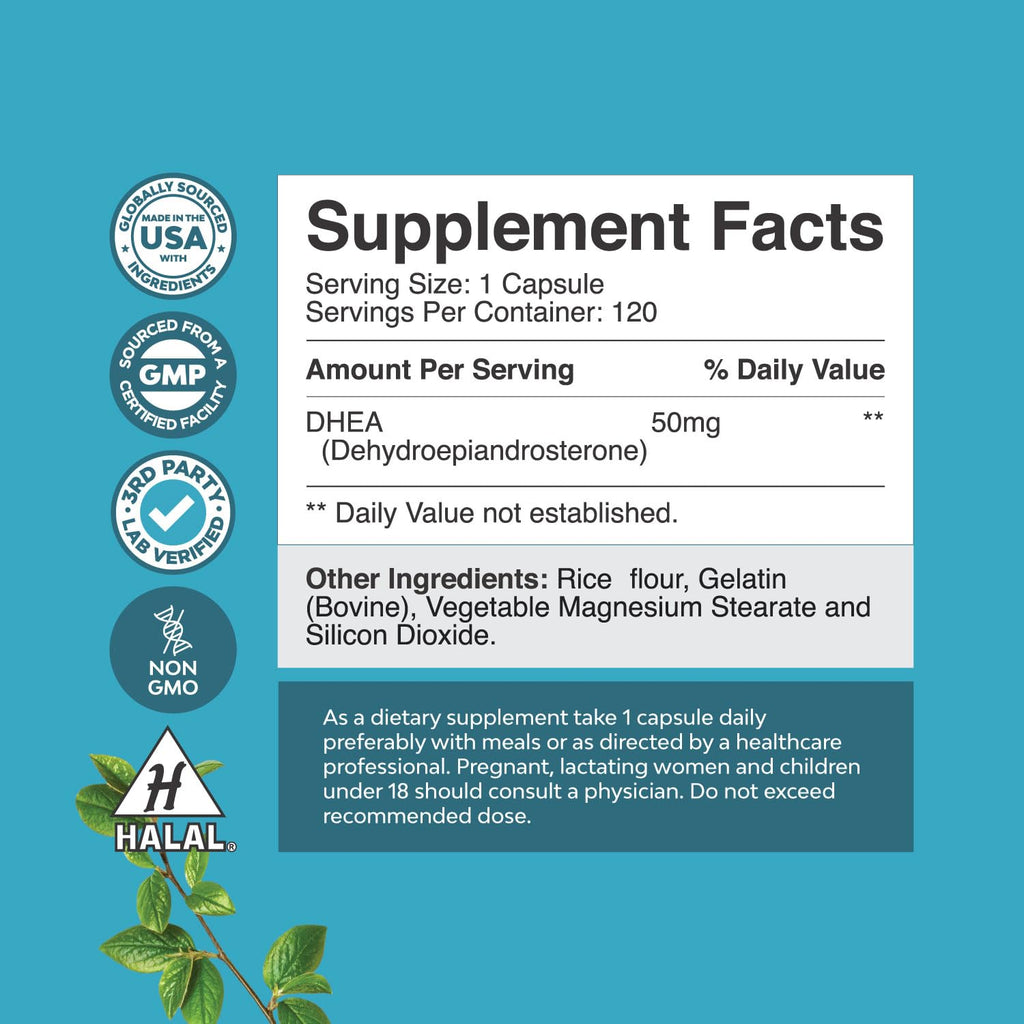 DHEA Supplement for Women & Men - Pure DHEA 50mg for Hormone Balance, Improves Mood Stability, Brain Function, Immune System, Energy & Fertility - Dehydroepiandrosterone Capsules for Adults - 120 Ct