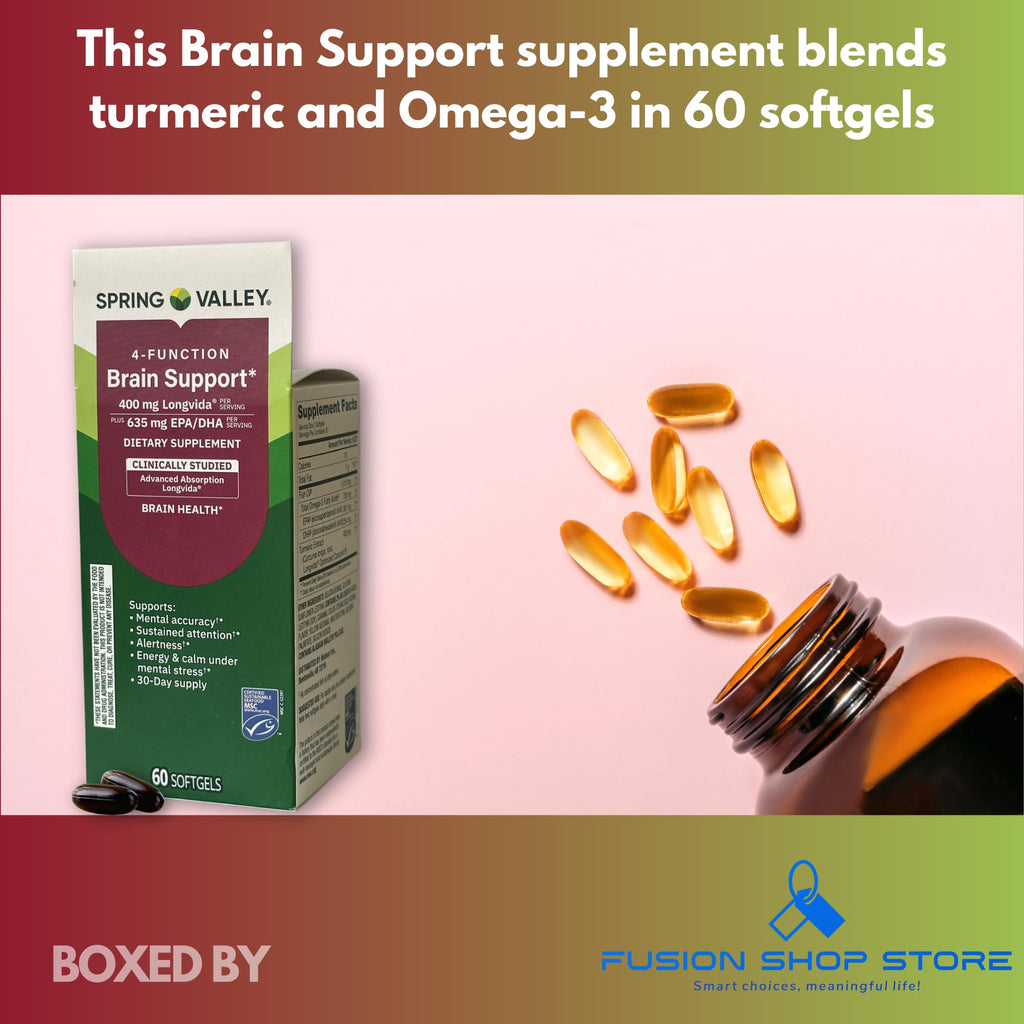 Brain Support 4 Function- Supplement with Omega 3 Turmeric, 60 Softgels (Pack of 1), Boxed by Fusion Shop Store