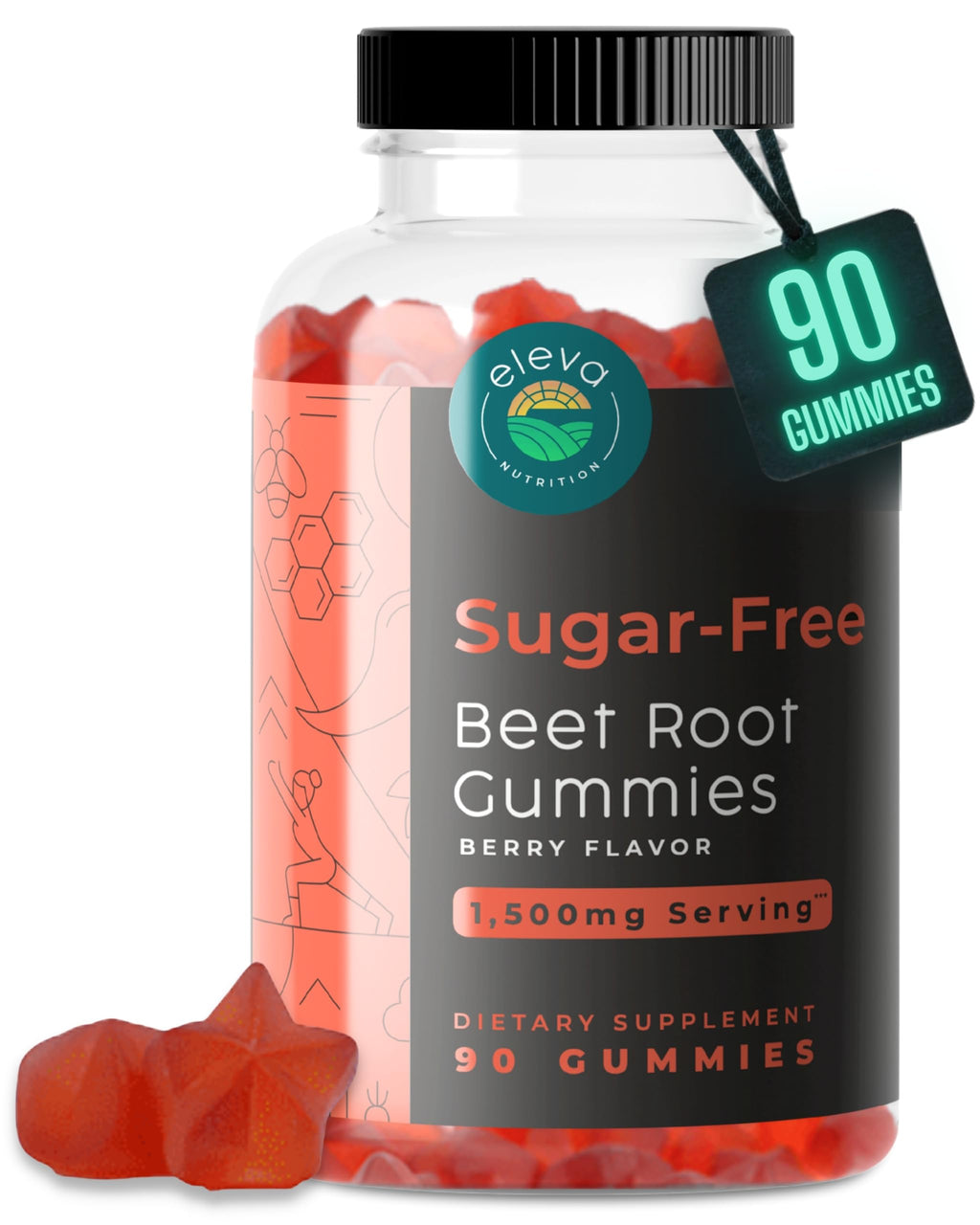 Eleva Nutrition Sugar-Free Beet Root Gummies- Vitamin C & B9- Memory & Focus Chews- Nitric Oxide -Energy Beet Supplement- 90 Organic Beetroot Chews for Men & Women