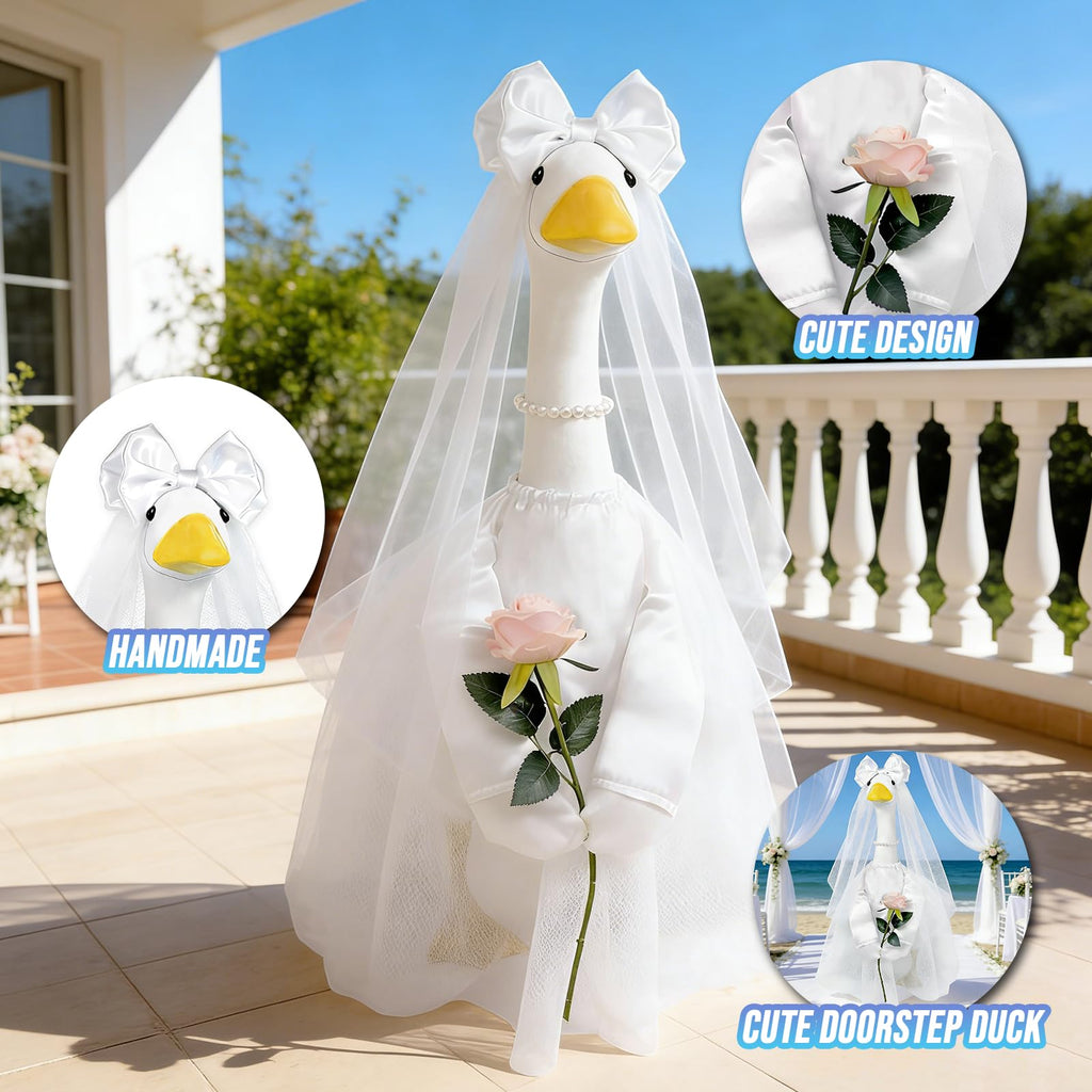 Bride Porch Goose Outfit, 3 Pcs Wedding Goose Clothes with Bow Headband, Pearl Necklace & Rose Dress, Cute Bridal Goose Costume Fits 23 Inch Lawn Statue for Yard Patio Garden Wedding Decor