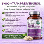 Purity Labs Trans-Resveratrol Supplement 5,000 mg Equivalent per Serving with Quercetin, USDA Organic High Potency Antioxidant, Vegan Capsules, 90 Count