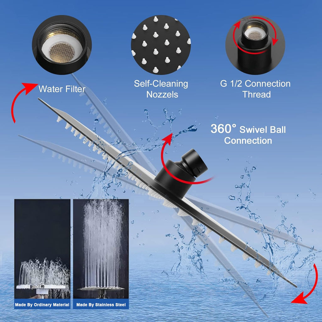 NearMoon Filtered Rain Shower Head, High Pressure 8″Square, and 5 settings Handheld Shower Filter Combo with Self-adhesive Holder/1.5M Hose -1 Replaceable Filter Cartridge (Matte Black)