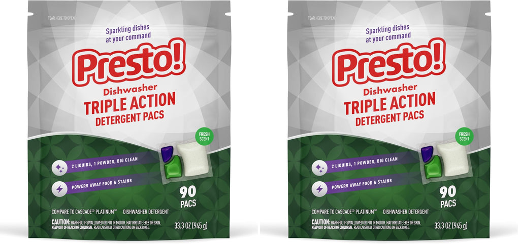 Amazon Brand - Presto! Triple Action Dishwasher Pacs, Fresh Scent, 90 Count (Pack of 2)