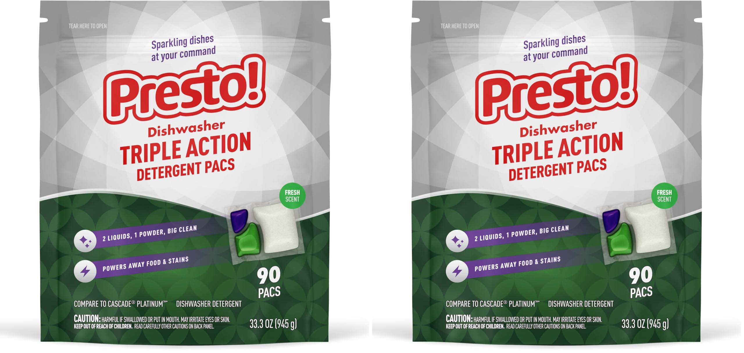 Amazon Brand - Presto! Triple Action Dishwasher Pacs, Fresh Scent, 90 Count (Pack of 2)