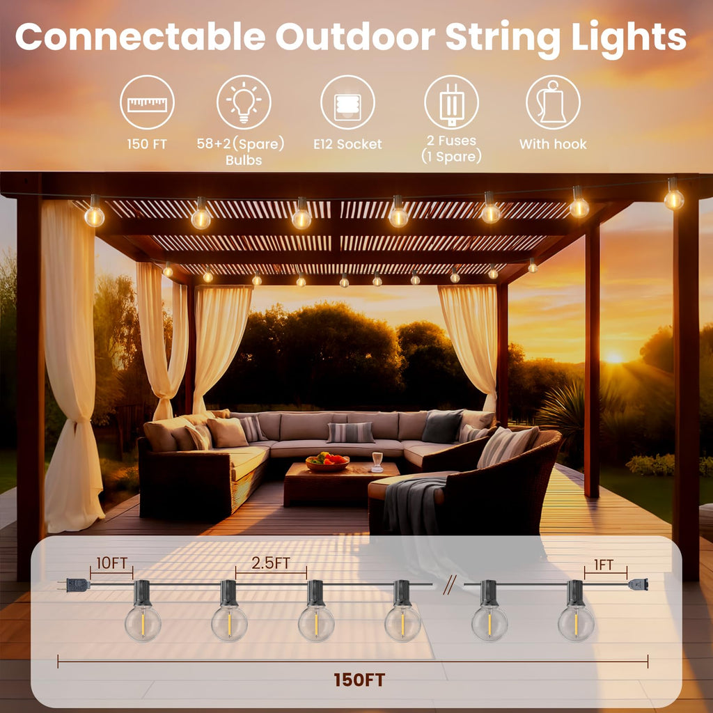 RTTY 150 FT Outdoor String Lights Patio Light for Outside, Waterproof G40 Shatterproof LED Bulbs, Dimmable Hanging Connectable Globe Lighting for Bistro, Backyard, Porch, Balcony, Cafe, Warm White
