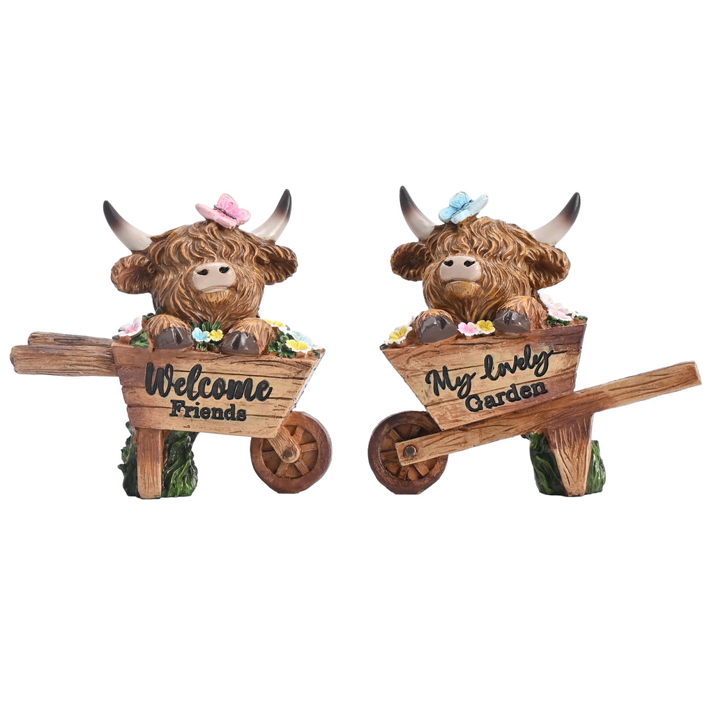 TERESA'S COLLECTIONS Garden Decor, Set of 2 Cute Highland Cows Sitting in Cart Garden Decor, Waterproof Resin Garden Statue, Highland Cows Gift, Garden Gift for Women Mom, Indoor/Outdoor