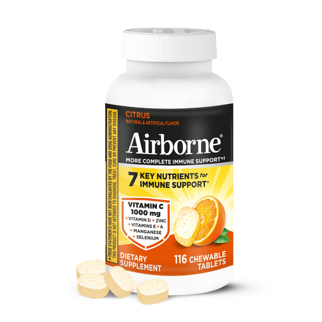 Airborne Vitamin C 1000mg (per Serving) - Citrus Chewable Tablets (116 Count in a Bottle), Gluten-Free Immune Support Supplement, with Vitamins A C E, Zinc, Selenium, Echinacea, Ginger, Antioxidants