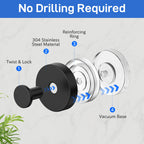 SetSail Suction Cup Hooks for Shower 4 Packs Matte Black Towel Hooks for Bathrooms Wall Mounted Stainless Steel Bathroom Towel Hook for Shower Wall, Window Glass, No-Drill