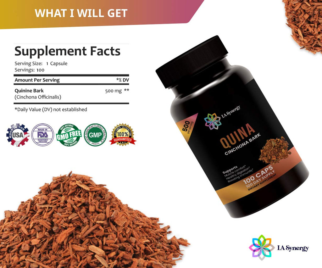 Quinine Quina Capsules 500mg, Cinchona Red Bark Natural Herbal Supplement, Leg Cramp Relief Tablets, Cramp Muscle Defense and Overall Digestive Health, 100 Pills