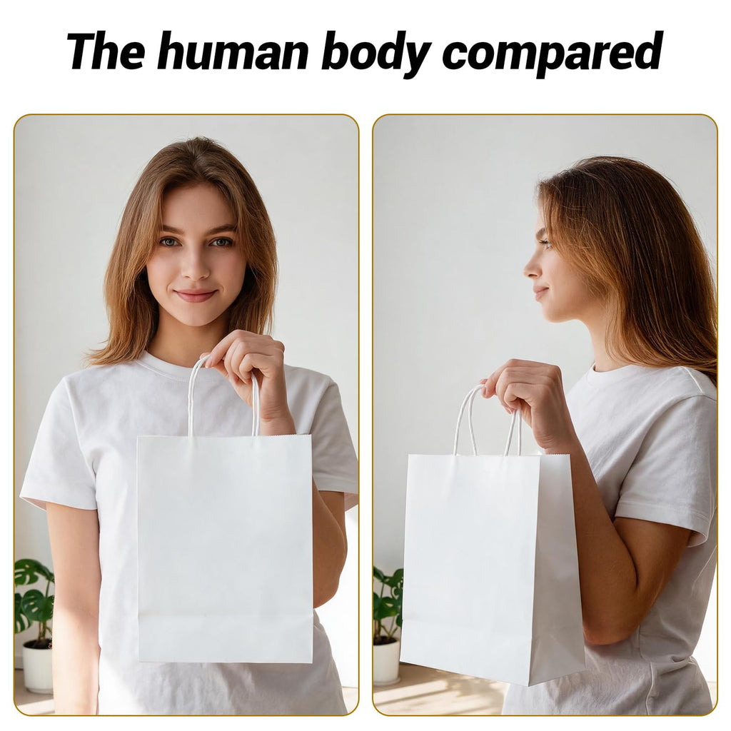 bagmad 100Pcs Pack 8x4.75x10 inch Medium White Kraft Paper Bags with Handles Bulk, Gift Bags, Craft Grocery Shopping Retail Birthday Party Favors Wedding Sacks Restaurant Takeout, Business (100)