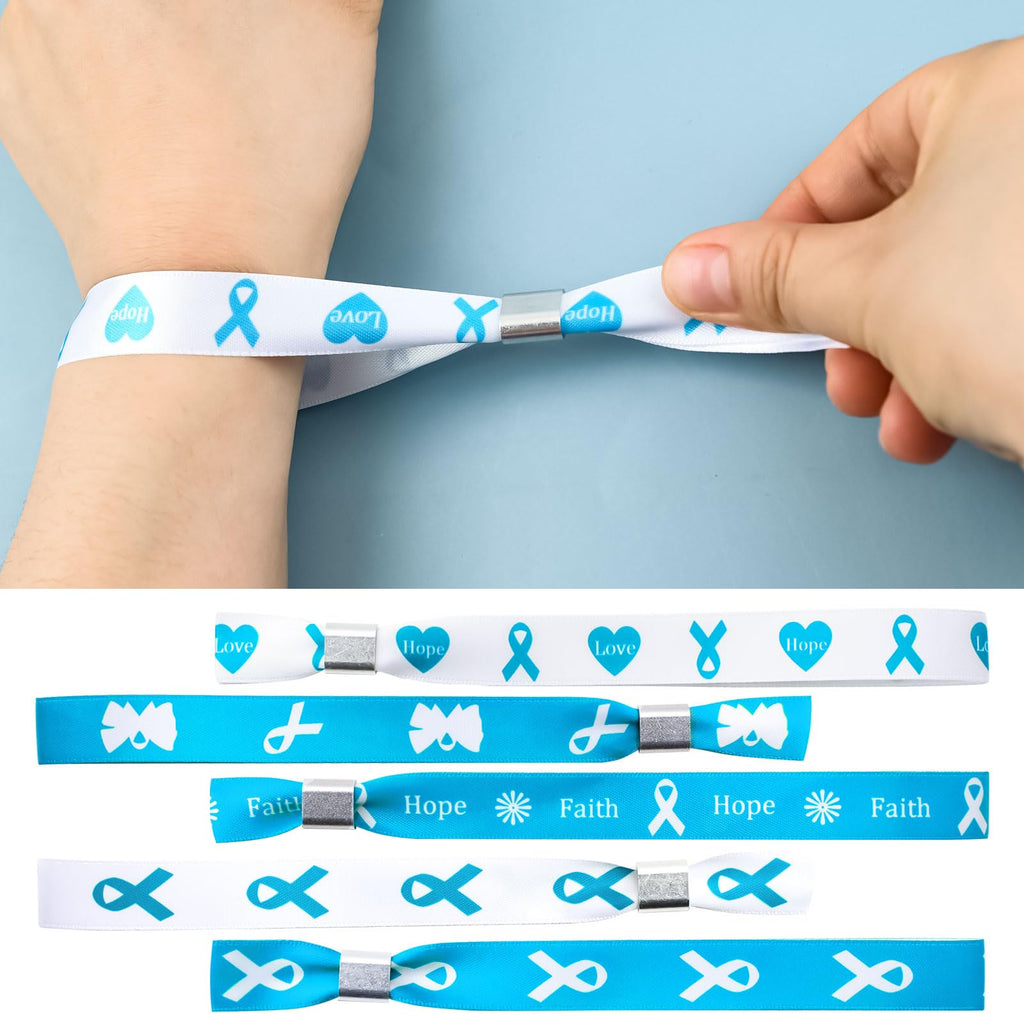 WANDIC 30 Pcs Light Blue Ribbon Bracelets, 5 Style Polyester Single Side Adjustable Prostate Cancer Awareness Support Wristband for Event Fundraising, 6.89 * 0.59 * 0.07, no Gemstone