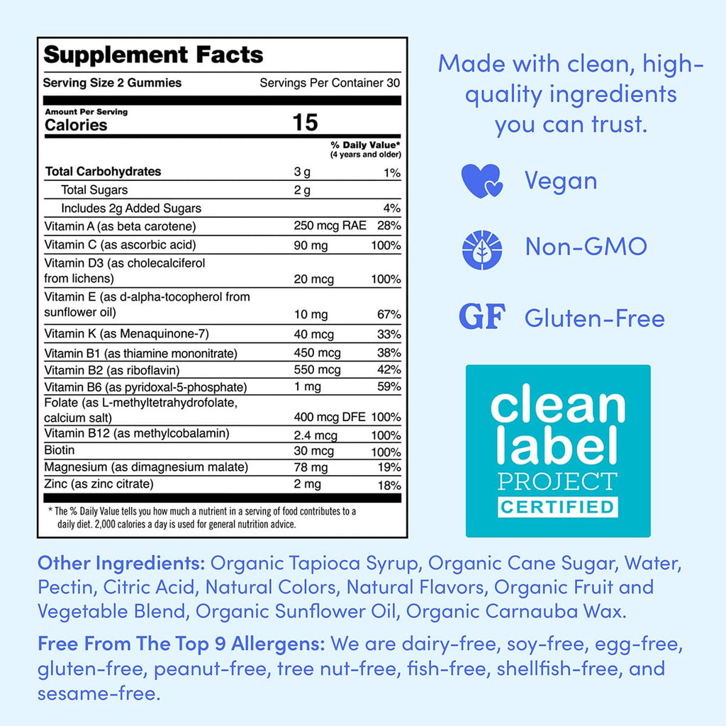 FIRST DAY Women’s Daily Supercharge Multivitamin Gummies – Vitamins A, B1, B6, B12, C, D3, E & K + Magnesium, Zinc, Biotin – Made w/Organic Fruits & Veggies, Only 2g Sugar – 2-Pk, 60 Day Supply