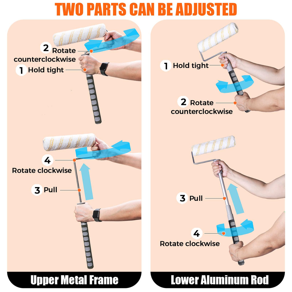 PinStone 6pcs House Paint Roller Kit, 9 inch Extendable Roller Frame with 5 Microfiber Roller Covers 1/2" Nap, Adjustable Painting Roller (18" - 36") for Walls, Ceilings, Floor, Home Painting Supplies