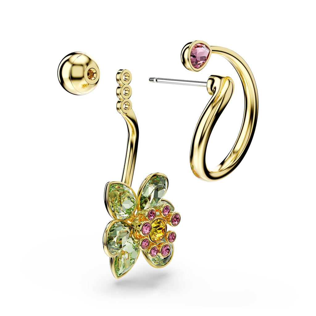 Swarovski Idyllia drop earrings, Asymmetrical design, Mixed cuts, Flower, Multicolored, Gold-tone finish