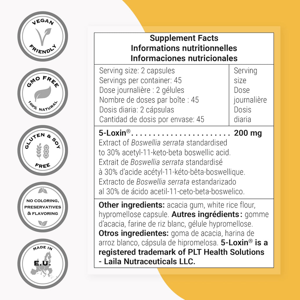 Supersmart - 5-Loxin 200mg per Day (Patented) - AKBA Supplement - 5-Loxin Boswellia Serrata Extract | Non-GMO & Gluten Free - 90 Vegetarian Capsules