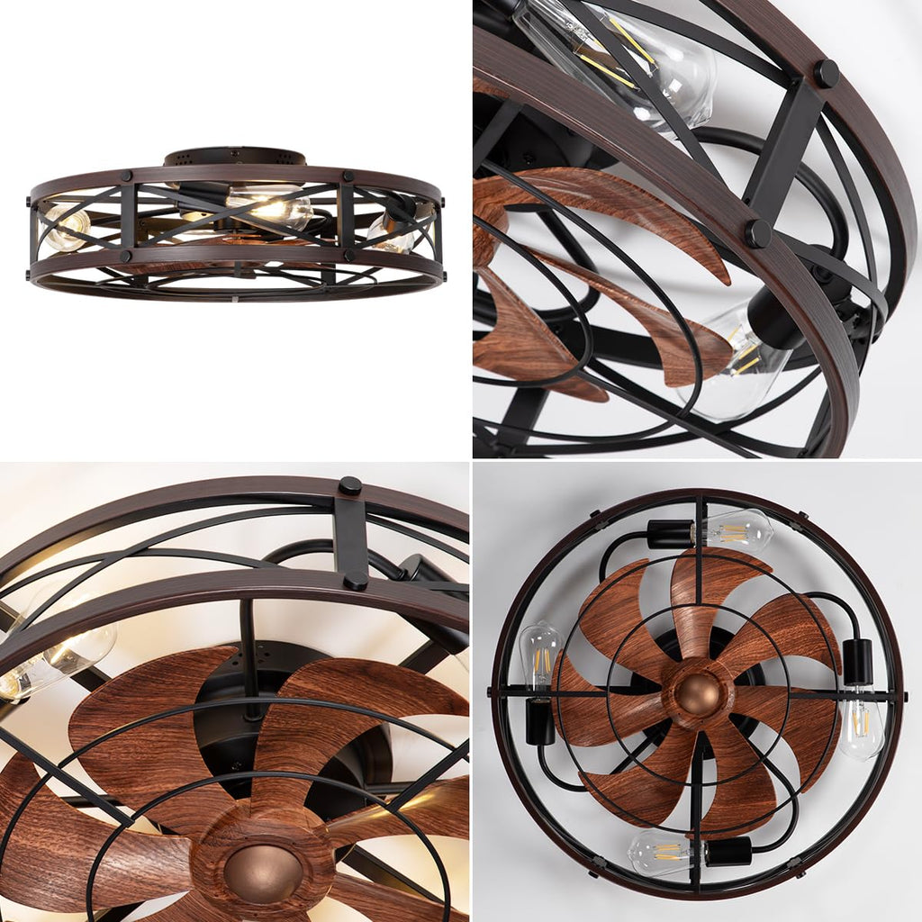 SHLUCE 22" Fandelier Caged Ceiling Fan with Light, Rustic Low Profile Bladeless Ceiling Fans with Lights and Remote, Farmhouse Flush Mount Ceiling Fan with Light for Kitchen, Bedroom, Brown - ETL