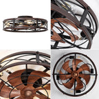 SHLUCE 22" Fandelier Caged Ceiling Fan with Light, Rustic Low Profile Bladeless Ceiling Fans with Lights and Remote, Farmhouse Flush Mount Ceiling Fan with Light for Kitchen, Bedroom, Brown - ETL