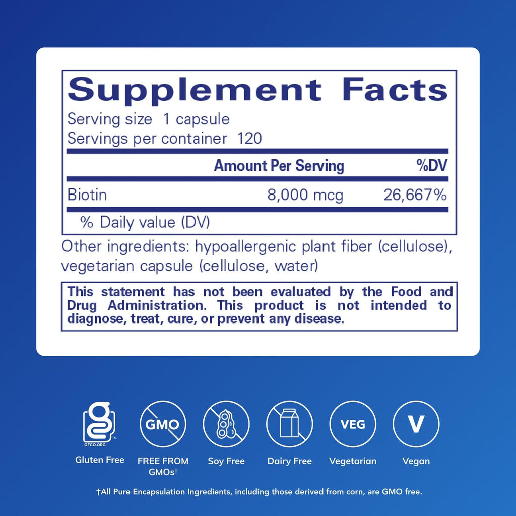 Pure Encapsulations Biotin 8 mg - B Vitamin Supplement to Aid Stress Relief, Hair, Skin & Nail Strengthening, Metabolism, Carbohydrate Support & Nervous System* - with Premium Biotin - 120 Capsules