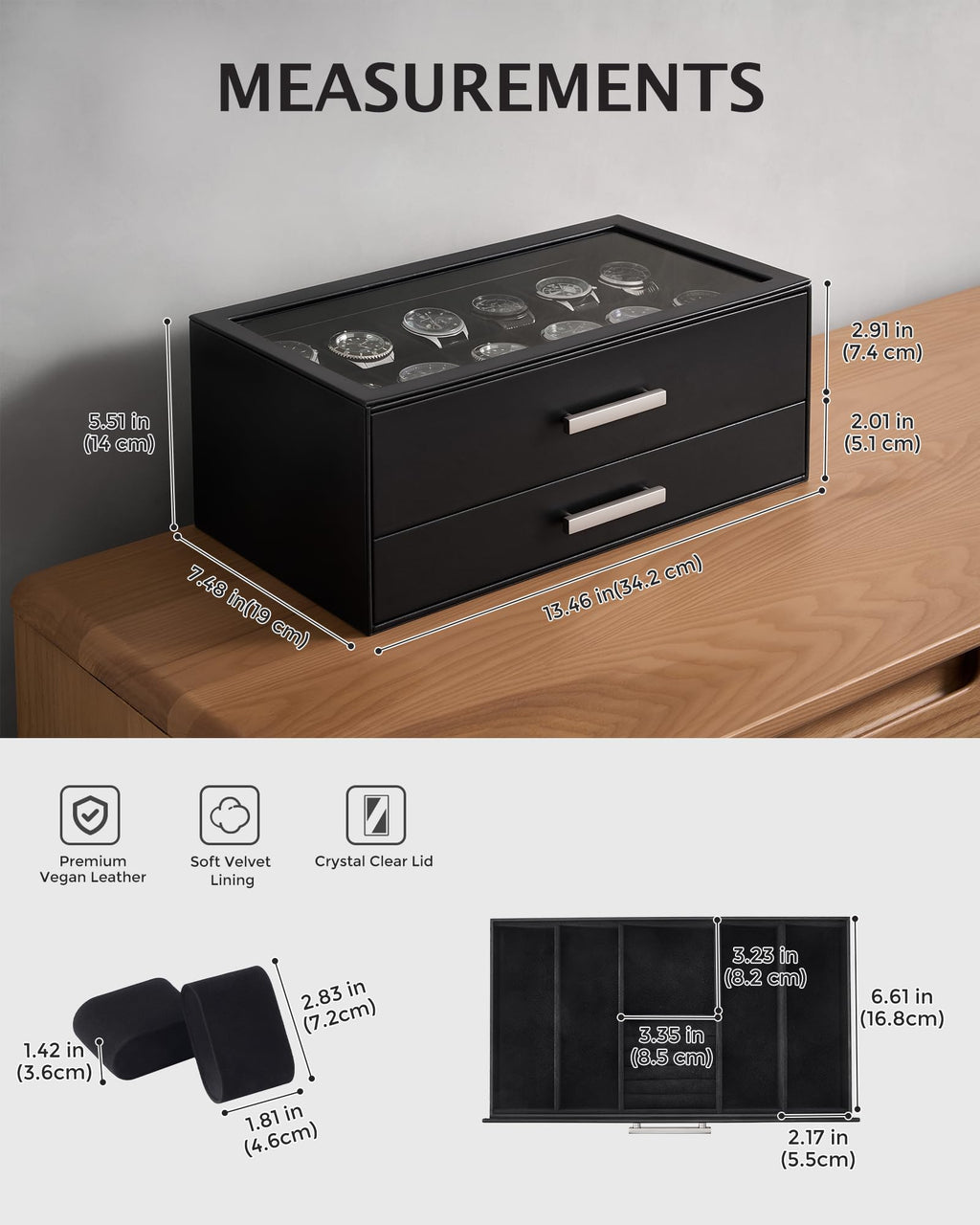 ProCase 12-Slot Watch Case for Men, 2-Tier Pull-Out Drawers Box -Black