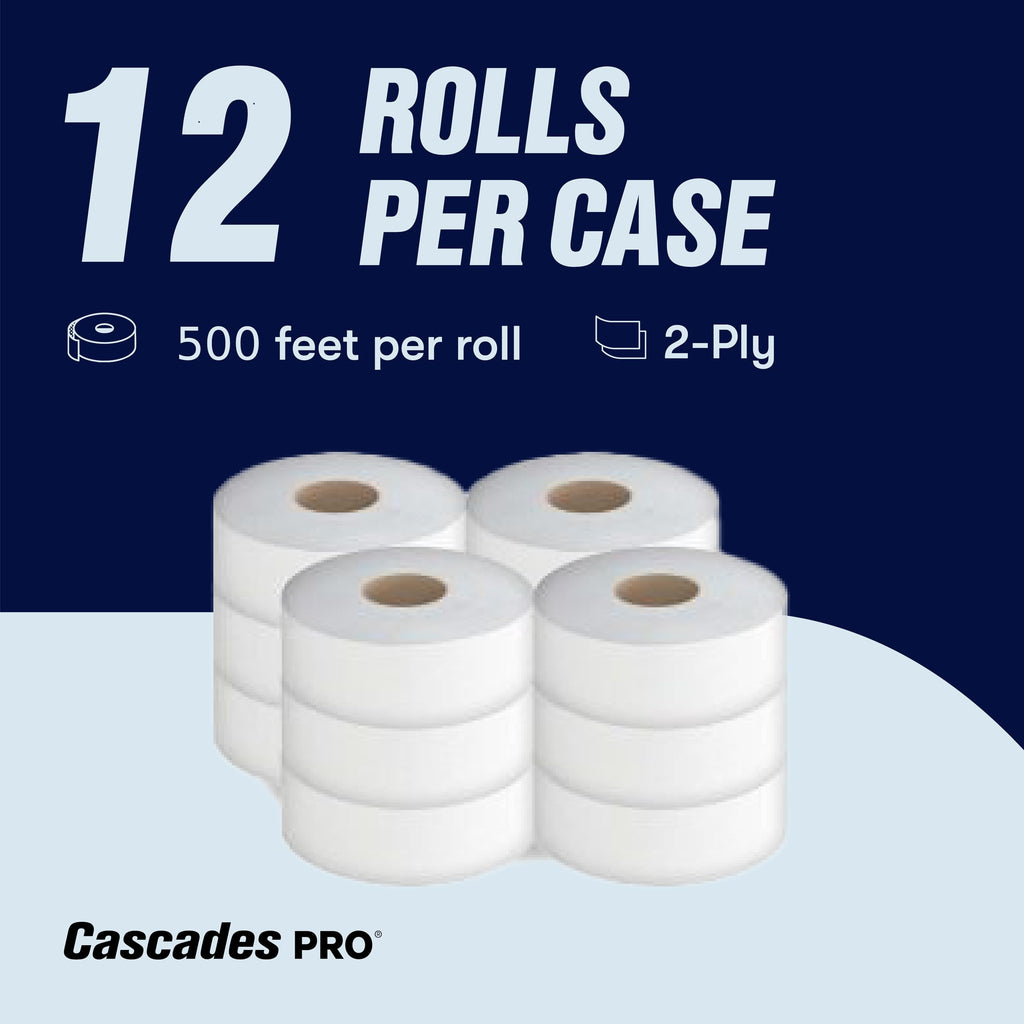 Cascades PRO Select Jumbo Bath Tissue – 2-Ply Toilet Paper – Fits Universal Jumbo Roll Dispensers – Soft, Durable, and Septic Safe – 500' Length/Roll, 12 Rolls/Box – B080 – White