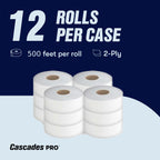 Cascades PRO Select Jumbo Bath Tissue – 2-Ply Toilet Paper – Fits Universal Jumbo Roll Dispensers – Soft, Durable, and Septic Safe – 500' Length/Roll, 12 Rolls/Box – B080 – White