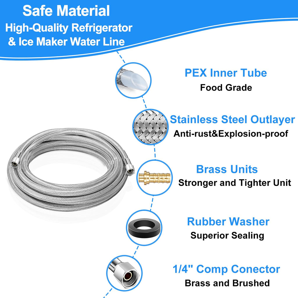 Refrigerator water line - 8 FT Premium Stainless Steel Braided Ice Maker Water Line,Food grade PEX Inner Tube Fridge Water Supply Line with 1/4" Compression Fittings for Refrigerator Ice Maker