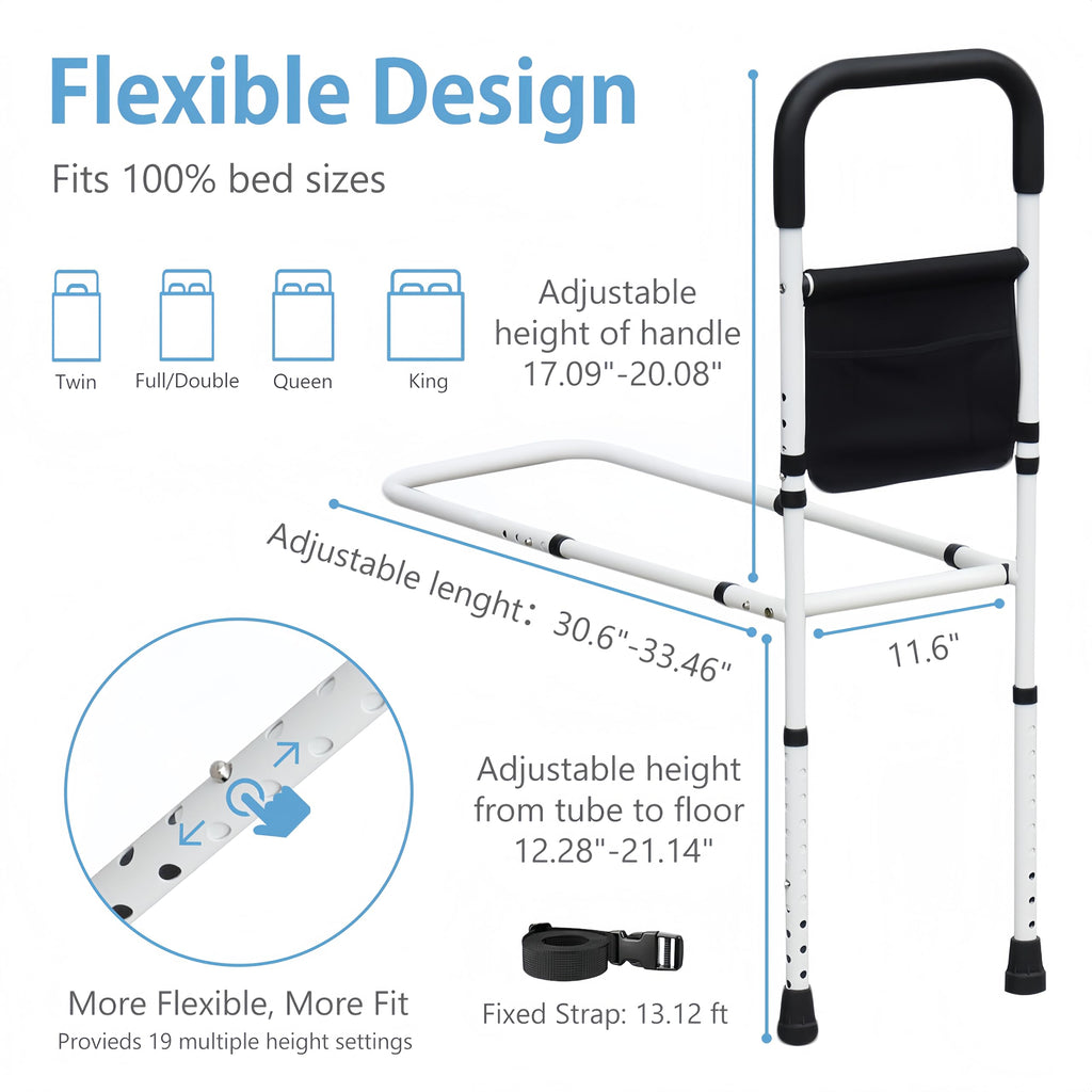 Bed Rails for Elderly Adults Safety, Adjustable Bed Assist Rails for Seniors, Bedrails with Support Legs and Storage Pocket, Bed Railing Cane Fit Single, Double King,Queen,Full, Twin Beds