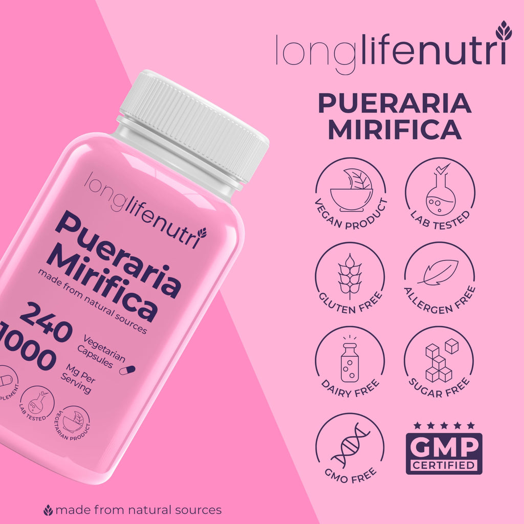 LongLifeNutri Pueraria Mirifica Root Extract – 240 Vegetarian Capsules, 1000 mg per Serving, 4-Month Supply, Made in USA (240)
