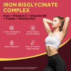 Doctor's Recipes Iron Supplement for Women Men - Gentle Iron Bisglycinate with Vitamin C, B6, Folate & B12, Stomach Friendly Iron Pills, 180 Vegan Caps